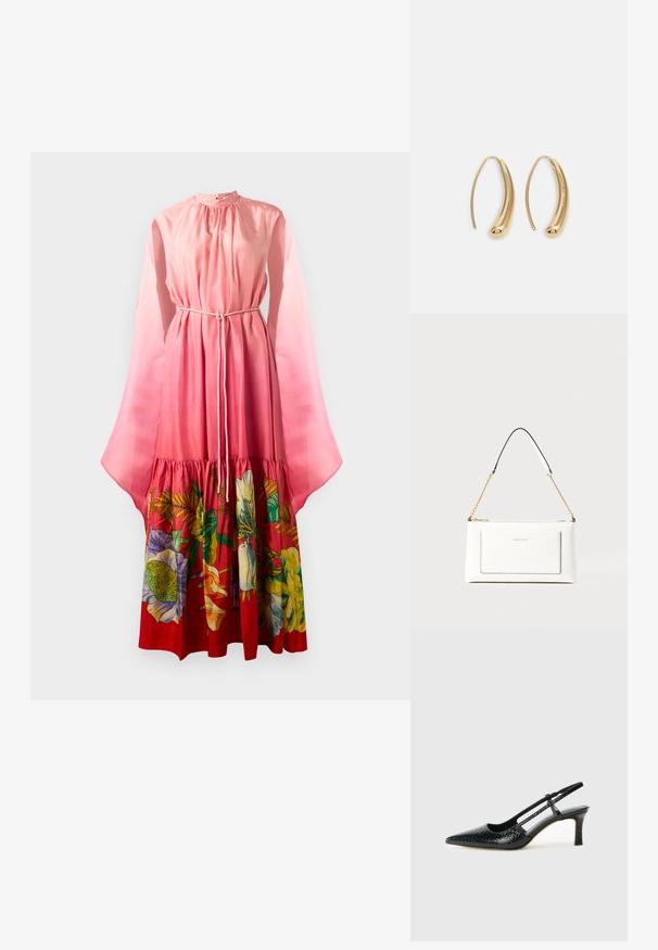 Vestido longo rosa com mangas em forma de sino transparentes, cintura com cordão e um padrão floral em cores vibrantes na bainha. Textura suave.; Salto slingback em patente preta com bico apontado, apresentando um padrão de pele de cobra texturizado, tira ajustável e um salto bloco curto e texturizado.; Bolsa de mão branca em couro com acabamento texturizado, featuring a corrente dourada e detalhes pretos. Inclui um bolso frontal e fecho com zipper.; Brincos em metal dourado com forma de arco alongado e curvado. Apresentam uma superfície lisa e brilhante, com uma ponta arredondada para um detalhe adicional.