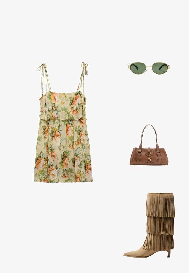Robe d'été fleurie en beige clair avec des roses pêche et vertes. Elle présente des bretelles fines, une taille froncée et une coupe fluide et ample.; Bottine à franges en daim tan avec trois couches de franges. Bout pointu et petit talon carré. Texture lisse sur l'ensemble.; Lunettes de soleil avec monture en métal doré et verres teintés verts, de forme ovale, avec branches noires et plaquettes de nez transparentes. Design épuré et minimaliste.; Sac à main en cuir marron avec double poignées, accents en métal doré et design structuré. Il présente un rabat central avec un détail en boucle.