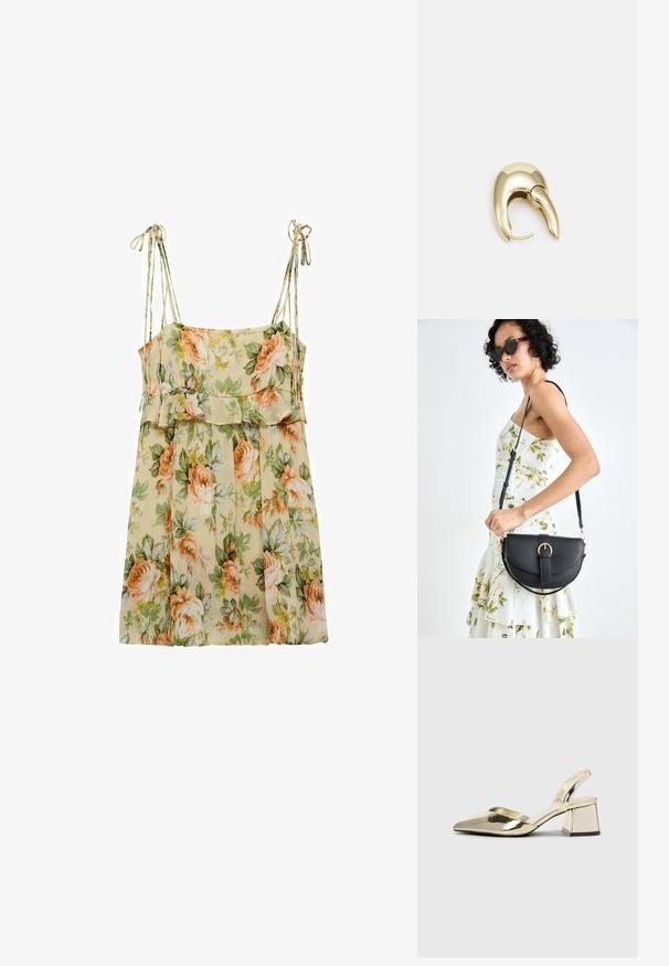 Blumenkleid für den Sommer in hellem Beige mit Pfirsich- und grünen Rosen. Mit dünnen Schulterträgern, einem gerafften Taillenbund und einer fließenden, lockeren Passform.; Goldene, metallische Slingback-Absätze mit spitzem Zeh und dicker Ferse. Glatte Textur, minimalistisches Design und ein schmaler Riemen.; Schwarze Lederhandtasche mit geschwungener Form, abnehmbarem Tragegurt und goldenen Beschlägen. Die Tasche verfügt über einen Deckel mit einer Schnallen-Details.; Ohrringe aus goldfarbenem Metall mit einem schlanken, geschwungenen Design. Sie verfügen über eine markante, spitze Form, eine polierte Oberfläche und einen Scharnierverschluss.
