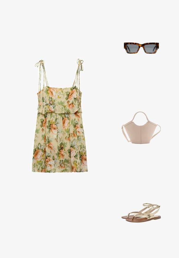 Blomster-sommerkjole i lys beige med fersken- og grønne roser. Har tynde skulderstropper, en volanglivlinje og en svaje, løs pasform.; Guldmetallic strappy sandaler med flad sål, der har en tæeremmelse og ankelsnor med justerbar spænde detalje. Glat læderfinish.; Skildpaddemønstrede solbriller med vinkelformede rammer, grå linser og en glat overflade. Har et iøjnefaldende geometrisk design og tykke stænger.; Lysebrun læderhåndtaske med en unik form, featuring to korte håndtag og et langt justerbart rem. Glat tekstur med minimal hardware.