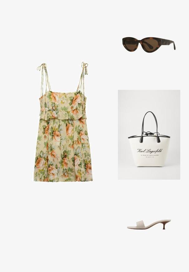 Kvetinové letné šaty v svetlo béžovej farbe s broskyňovými a zelenými ružami. Majú tenké ramienka, volánkový pás a voľný, splývavý strih.; Sandal bez päty s béžovým tkaným vrchom, otvorenou špičkou a zakrivenou drevenou strednou podrážkou. Dizajn sa vyznačuje hladkou textúrou a minimalistickým tvarom.; Mačacie slnečné okuliare v štýle tortoiseshell s hnedými šošovkami, s hladkými, lesklými plastovými rámami a elegantným dizajnom. Žiadne viditeľné logá ani akcenty.; Kozmetická taška z plátna v krémovej farbe s čiernymi koženými detailmi, so šnúrkovým uzáverom a potlačou loga. Hladká textúra a štruktúrovaný tvar.
