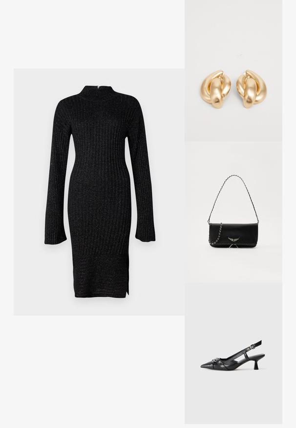 Vestido preto de malha canelada com mangas longas, gola alta e tecido texturizado com fios metálicos subtis, fenda lateral na barra.; Sapato slingback em couro preto com biqueira fina, tiras decorativas com ilhós de metal e um pequeno salto quadrado. Superfície texturizada.; Saco de couro preto com uma alça de corrente prateada, apresentando ornamentos em forma de asas e costura branca ao longo da costura inferior.; Brincos em metal dourado com um design torcido, apresentando uma superfície lisa e brilhante e formas arredondadas. Cada um mede aproximadamente 5 cm.