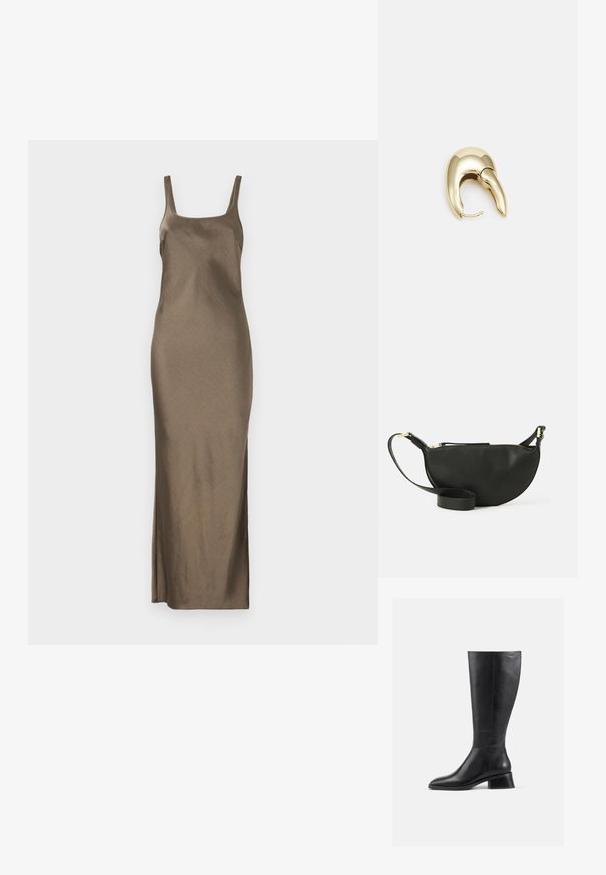 Rochie din satin maro, cu bretele subtiri, având o linie dreaptă la tiv și o fanta pe lateral, care prezintă o textură netedă și lucioasă.; Cizmă din piele neagră până la genunchi, cu vârf rotund și toc mic, pătrat. Are o textură netedă și detalii minime de cusătură.; Geantă crossbody din piele neagră, cu formă de jumătate de lună, suprafață texturată, fermoar auriu și curea plată. Design compact, potrivit pentru obiectele esențiale.; Cercei din metal de culoare aurie cu un design elegant și curbat. Prezintă o formă distinctivă, ascuțită, o suprafață lustruită și un sistem de închidere cu balama.