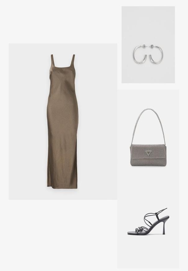 Barna selyem slip ruha vékony pántokkal, egyenes aljjal és oldalhasítékkal, sima, fényes textúrával.; Fekete magas sarkú szandálok vékony pántokkal, csomózott mintával, sima négyzetes orral és karcsú stiletto sarkal rendelkeznek.; Világosszürke fémes kézitáska lánc pánttal, kis kör alakú fém kifinomult díszítéssel és háromszög alakú márkagéppel.; Ezüst karika fülbevalók sima, fényes felülettel, ívelt formával és postazáras zárral. Minimalista, modern kivitel.