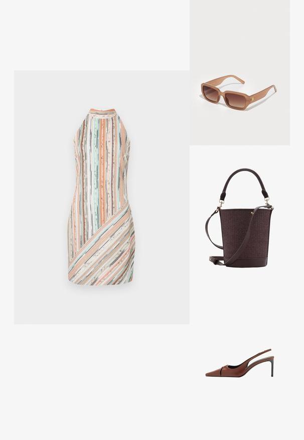 Prugasta brezrokavna obleka iz mehkega blaga, ki prikazuje vertikalne in diagonalne črte v pastelnih barvah, z visokim ovratnikom in prilegajočim silhuetom.; Rjavi usnjeni slingback čevelj z ostro konico, izrezom na vampu in elegantno stiletnasto peto. Gladka tekstura.; Rjavi pravokotni sončna očala z gradientnimi lečami, debelimi okvirji in detajlom logotipa na strani. Gladek plastičen material, minimalističen dizajn.; Rjava kvačkana torbica z oblikovano obliko, gladkimi usnjenimi poudarki, zgornjim ročajem in snemljivim naramnim trakom. Detajli v zlati barvi.