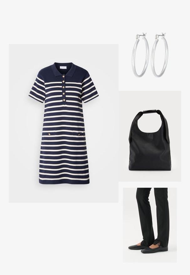 Vestido polo de rayas marino y blanco con mangas cortas, tapeta de cinco botones dorados y dos bolsillos delanteros con acentos dorados.; Bailarinas de cuero negro con punta afilada, correa con hebilla de plata, combinadas con pantalones negros ajustados que presentan un dobladillo con abertura.; Bolso hobo de cuero negro con un solo asa suave y redondeada; presenta una textura lisa y un diseño minimalista. Sin hardware visible ni acentos.; Pendientes de aro de plata con un acabado liso y pulido. Forma redonda y cierre de click seguro. Diseño ligero adecuado para el uso diario.