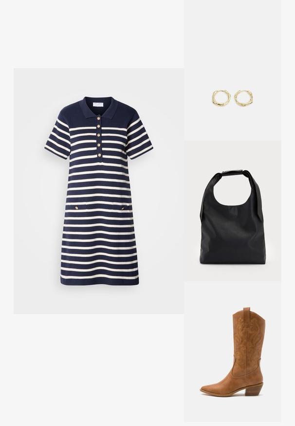Námořnické a bílé pruhované polo šaty s krátkým rukávem, zapínání na pět zlatých knoflíků a dvěma předními kapsami se zlatými akcenty.; Hnědé kožené kovbojské boty s špičatou špičkou, vyšívanými spirálovými vzory na štítech a s blokovým podpatkem. Obsahují poutko pro snadné obouvání.; Černá kůže hobo taška s jedním měkkým, zaobleným uchopem; má hladkou texturu a minimalistický design. Bez viditelného kovového doplňku nebo akcentů.; Zlaté kruhové náušnice s texturovaným, nepravidelným tvarem. Disponují bezproblémovým uzávěrem a leštěným povrchem, což zdůrazňuje moderní design.