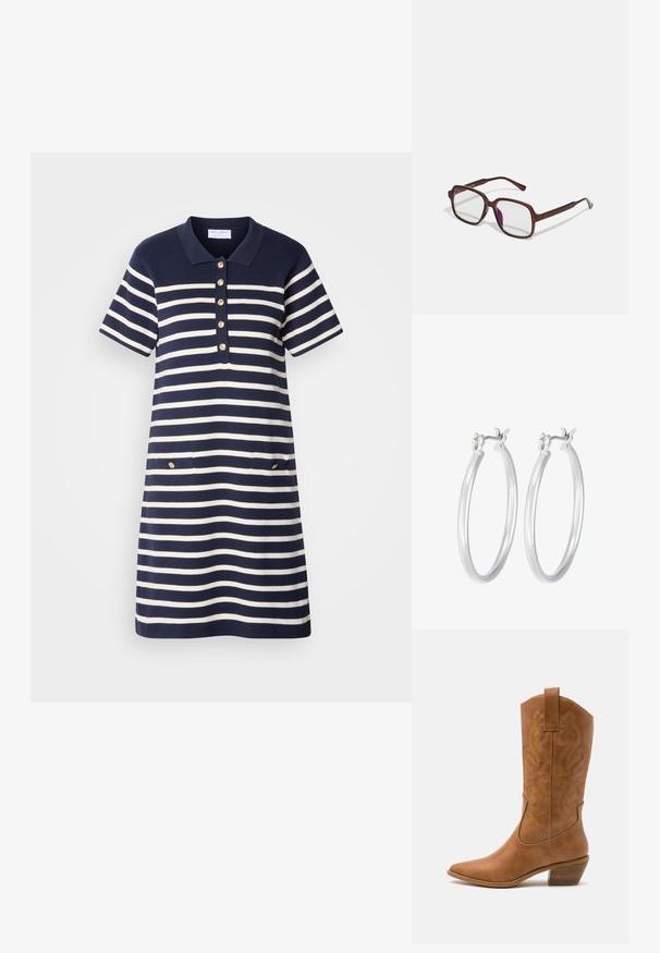 Laivastonsininen ja valkoinen raidallinen polo-mekko lyhyillä hihoilla, viiden kultaketjun napin pesä, ja kaksi etutaskua kultaisilla yksityiskohdilla.; Ruskean nahkainen cowboy-saapas, jossa on terävä kärki, brodeeratut pyörteiset kuviot varressa ja kerroslohko korko. Varustettu nostonipulla helpottamaan pukemista.; Ruske, rektangulære briller med transparente linser og lilla toner. Glatt plastisk ramme med rette stenger og subtile detaljer.; Hope-silver rengas, joissa on sileä ja kiillotettu pinta. Pyöreä muoto ja turvallinen napsautettava lukitus. Kevyt muotoilu sopii päivittäiseen käyttöön.