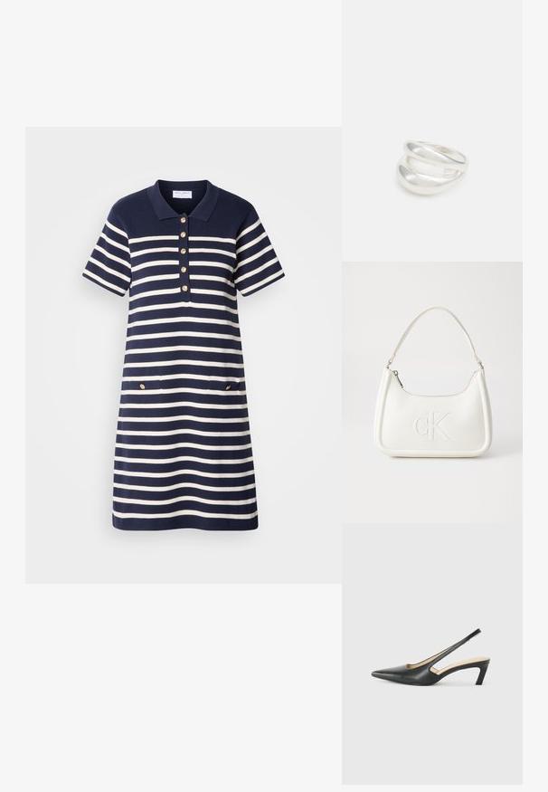 Abito polo a righe navy e bianche con maniche corte, patta con cinque bottoni dorati e due tasche frontali con dettagli dorati.; Scarpa slingback nera con punta affilata e tacco basso, realizzata in pelle liscia e con un design a taglio laterale per favorire la traspirabilità.; Borsa a tracolla in pelle bianca con forma curva, dotata di un logo "CK" impresso sul davanti e una singola tracolla. Chiusura a zip nella parte superiore.; Anello doppio in argento con superficie liscia e lucida. Presenta un design fluido e curvo con sezioni sovrapposte per un aspetto moderno.