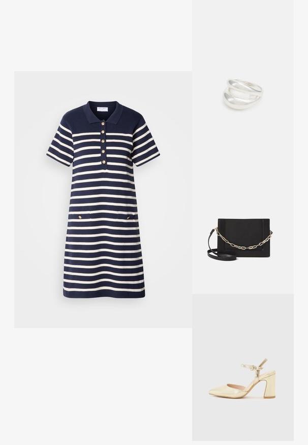 Mornarsko modra in bela črtasta polo obleka s kratkimi rokavi, peti zlatimi gumbi, in dvema sprednjima žepoma z zlatimi detajli.; Zlata metalna visoka obuća s šiljastim nosom, remenom oko gležnja s kružnim kopčom i dizajnom debljeg potplata. Glatka tekstura.; Črna usnjena torba čez ramo z gladko teksturo, pravokotno obliko in kovinskim verižnim detajlom spredaj. Vključena je nastavljiva naramnica.; Srebrn dvojni prstan z gladko, polirano površino. Ima tekoč, ukrivljen dizajn z prekrivajočimi se sekcijami za sodoben videz.