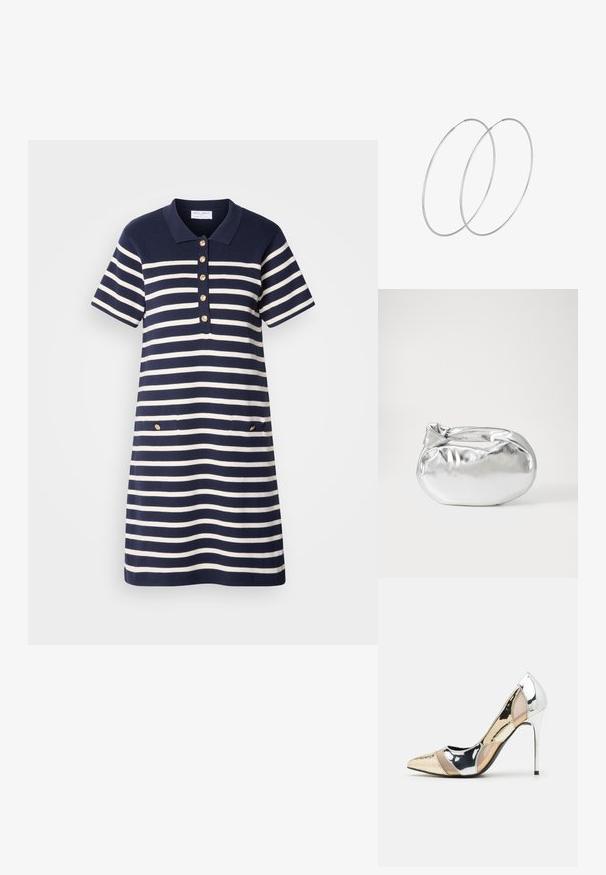 Polo haljina u mornarsko plavoj i bijeloj prugastoj boji s kratkim rukavima, porubom sa pet zlatnih dugmadi i dva prednja džepa s zlatnim detaljima.; Cipele s visokom potpeticom i špicastim vrhom u srebrnoj, zlatnoj i nude boji. Sjajan finiš s izrezbarenim dizajnom, s potpeticom u obliku stiletto.; Srebrna metalik torbica s mekim, zaobljenim oblikom i čvorastim zatvaranjem na vrhu. Izrađena od glatke sintetičke kože.; Srebrne okrugle naušnice s minimalističkim dizajnom. Kružni oblik, glatka tekstura i tanak profil. Lagane s poliranim završetkom.