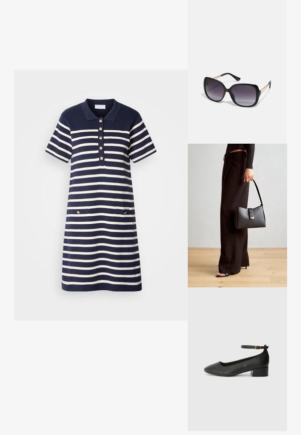 Rochie polo cu dungi bleumarin și alb, cu mâneci scurte, decolteu cu cinci nasturi aurii și două buzunare frontale cu accente aurii.; Pantof cu toc negru din piele, cu vârf ascuțit și toc mic pătrat. Dispune de o curea la gleznă cu o cataramă în tonuri de aur. Textură netedă.; Ochelari de soare negri, supradimensionați, cu lentile degradate, rame groase și detalii cu lanț de ton auriu pe brațele templului.; Genți negre cu o formă structurată, textură netedă și un închizător metalic. Asortată cu pantaloni negri largi și sandale cu vârf deschis pe un podea din lemn.