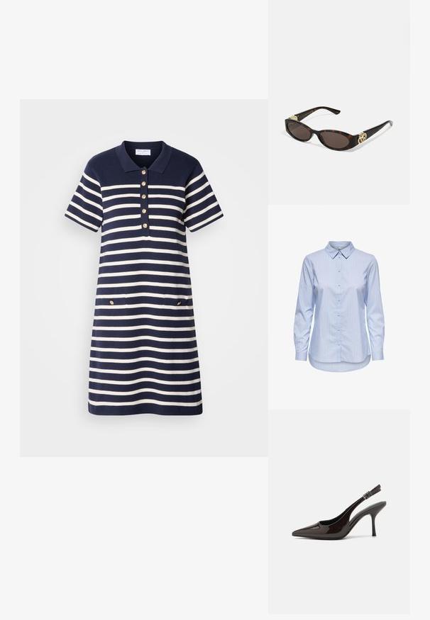 Marineblå og hvit stripete polo kjole med korte ermer, fem gullknapper foran, og to frontlommer med gull detaljer.; Blåstripet skjorte med knapper, krage, lange ermer og buet kant. Stoffet ser glatt og lett ut. Knapper foran.; Slingback høyhælte sko i blankt mørkebrunt patentlær, spiss tå, åpne sider og justerbar ankelrem.; Skilpadde-solbriller med avlange ovale linser, brun tint, gull-logo aksenter på stengene og elegante svarte armer.
