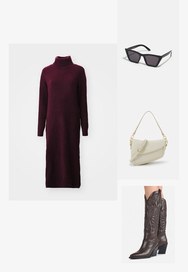 Burgundi színű pulóverruha magas nyakkivágással, hosszú ujjakkal és bordás aljjal. Puha, textúrált anyagból készült.; Barna bőr cowboy csizmák hegyes orral és blokk sarkal, részletes varrással és kiemelkedő díszítésekkel a szárán.; Fekete, szögletes napszemüveg szürke lencsékkel; műanyagból készült, vastag karokkal, sima felülettel és látható hardver nélkül.; Kis krémszínű táska texturált felülettel, hosszú, állítható pánttal, láncos díszítéssel és fedéllel záródik. Aranyszínű fém részletek.