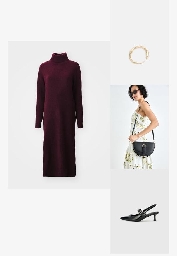 Burgundi värvi kampsunimekko kõrge kaelusega, pikkade varrukatega ja soonikservaga. Valmistatud pehmest, tekstureeritud kangast.; Mustad patenteeritud nahast sildiga kontsad, millel on terav nina ja väike plokk-konts, mille rihmal on hõbedane pandla aksessuaar.; Mustmust mustraha kõverate joontega, eemaldatava rihmaga ja kuldsete detailidega. Kotil on klapp, millel on pandladetail.; Kuldtoonis sõrmus, millel on orgaaniline, keerdunud disain sileda tekstuuri ja kitsenevate otstega, luues kaasaegse skulptuurilise välimuse.