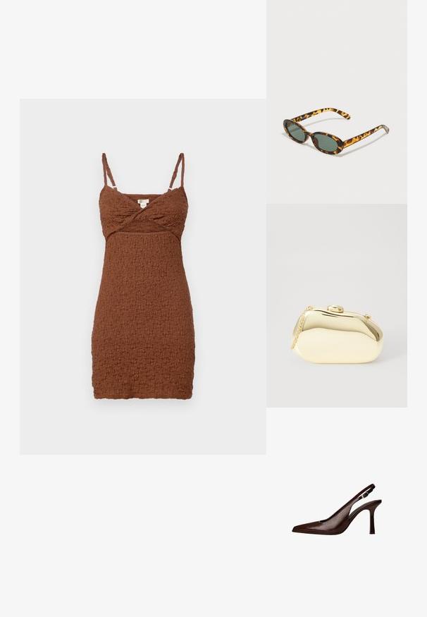 Barna, textúrált mini ruha állítható spagetti pántokkal és keresztbe húzott dekoltázzsal. Gyűrött anyagból készült, testhezálló fazonnal.; Barna bőr slingback pumpa hegyes orral és vékony sarokkal. A pánton egy kis díszcsat található, valamint fényes felülettel rendelkezik.; Tortúra napszemüveg ovális kerettel, sötétzöld lencsékkel és vékony szárakkal. Az egyik száron diszkrét logó található.; Fémes arany színű kistáska sima, lekerekített formával, tetején gombos záródással és kis láncfogóval a hordozáshoz.