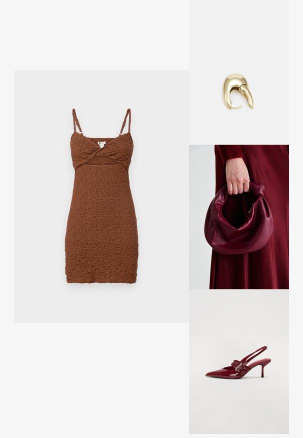 Hnedé, textúrované mini šaty s nastaviteľnými ramienkami a prekríženým živôtikom. Vyrobené z zvrásneného materiálu, s priliehavým strihom.; Červené lakované kožené sandále na podpätku s jemne špičatou špičkou, dvoma prackovými remienkami a štíhlym, stredne vysokým ihlovým podpätkom. Hladký povrch.; Burgundská kožená kabelka s mäkkým, zhromaždeným dizajnom a zaobleným tvarom. Rukoväť je pevne zaisťujúca a vystavuje hladkú textúru.; Náušnice z kovu v zlatej farbe s elegantným, zakriveným dizajnom. Majú charakteristický špicatý tvar, leštený povrch a uzáver na pánt.