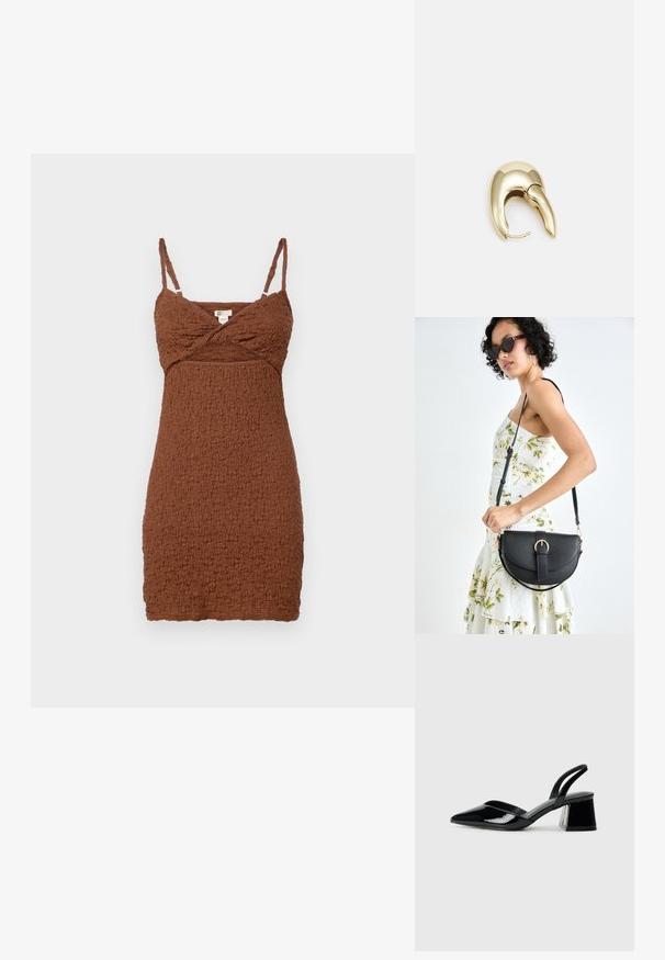 Brūns, teksturēts mini kleita ar regulējamiem mežģīņu siksnām un krustenisku dekoltē. Izgatavota no krunkotas auduma, ar pieguļošu siluetu.; Melna lakota āda ar atvērto papēdi, ar smailu purngalu un ģeometrisku blokpapēdi. Iezīmējas elegants, minimāls dizains un gluda tekstūra.; Melnas ādas rokassoma ar izliekta formu, noņemamu siksnu un zelta aksesuāriem. Somai ir vāciņš ar sprādzes detaļu.; Zeltīti metāla auskari ar gludu, izliekta dizaina. Ar atšķirīgu smailu formu, pulētu virsmu un eņģu aizdari.