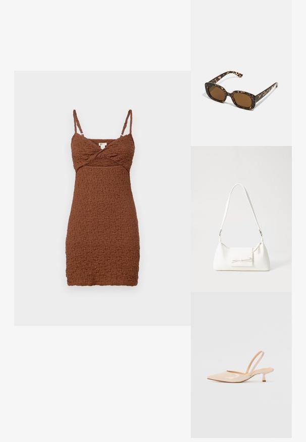 Brown, textured mini dress with adjustable spaghetti straps and a cross-over bodice. Made from crinkled material, featuring a fitted silhouette.; Beige patent leather slingback heels with pointed toe and a slim, square heel. Smooth texture and minimalist design with no embellishments.; Tortoiseshell sunglasses with a rounded, chunky frame and brown lenses. Features subtle patterns and straight, tapered arms.; White synthetic handbag with a triangular shape, flat front flap and bow detail, adjustable strap, smooth texture, and minimalistic design.