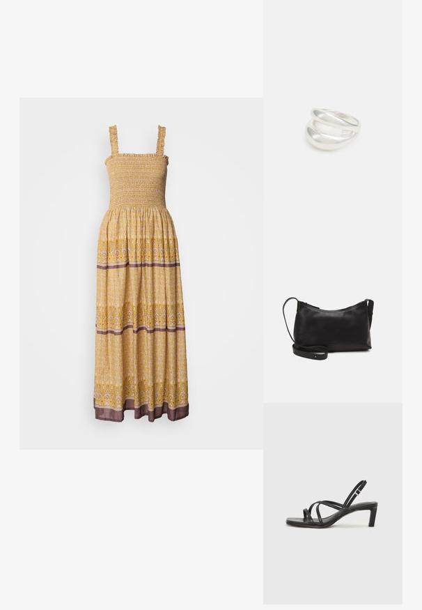 Rumena maxi obleka s cvetličnim vzorcem, z nabranim zgornjim delom, volanastimi naramnicami in kontrastnim rjavim trakom na robu. Lahka, zračna tkanina.; Črne natikače s trakovi in kvadratnim prstom ter nizkim blokastim peto. Imajo več tankih trakov in nastavljiv trak okoli gležnja. Narejene so iz gladkega usnja.; Črna usnjena torba čez ramo z gladko teksturo, ukrivljeno obliko, nastavljivim trakom in zadrgo. Minimalističen dizajn brez okrasnih detajlov.; Srebrn dvojni prstan z gladko, polirano površino. Ima tekoč, ukrivljen dizajn z prekrivajočimi se sekcijami za sodoben videz.