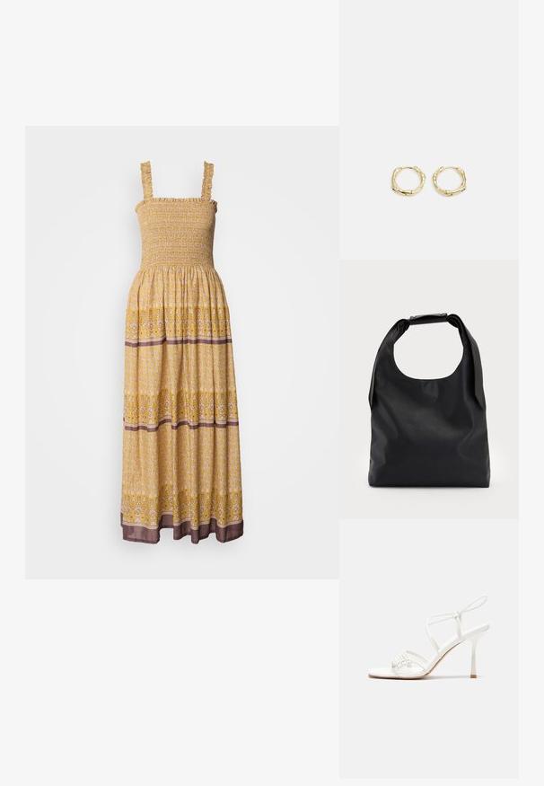 Dzeltena, ziedu raksta maksi kleita ar smockētu plecu daļu, ruffleņu siksnām un kontrastējošu brūnu joslu apakšmalā. Viegls, plūstošs audums.; Baltas striķu augstpapēžu sandales ar plakanu pirkstu daļu, teksturētu priekšpusi ar saveltiem akcentiem un šauru potītes siksniņu.; Melnas ādas rokassoma ar plašu atvērtu augšu un vienu plecu siksnu. Mīksta tekstūra, minimāls dizains, ar smalkiem metāla aksesuāriem.; Zelta riņķveida auskari ar tekstūru un neregulāru formu. Iekļauj bezšuvju aizdari un pulētu virsmas apdari, uzsverot mūsdienīgu dizainu.