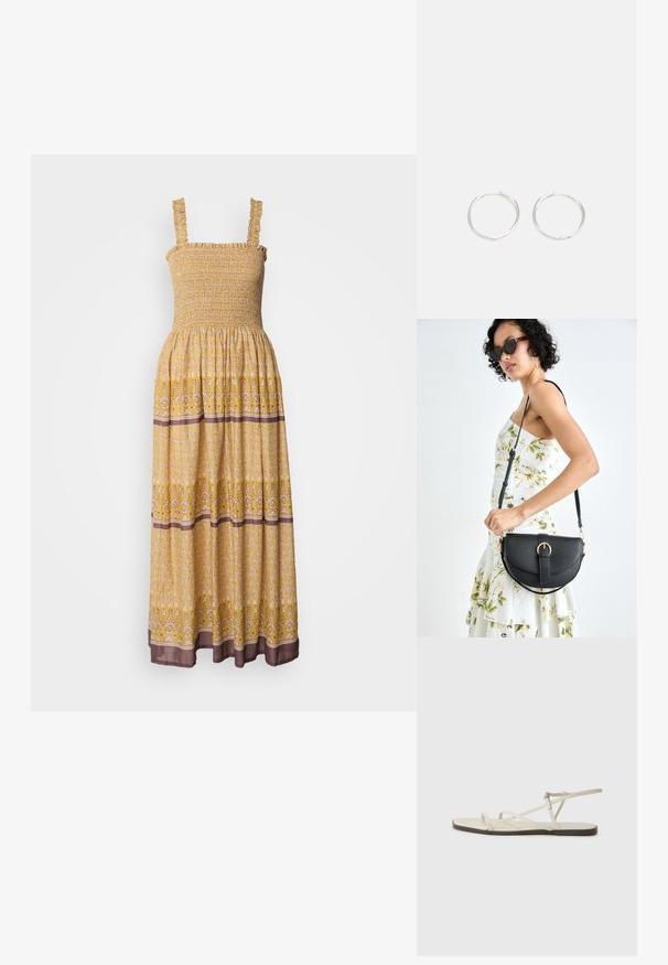 Geltona, gėlių rašto ilga suknelė su susmulkintu liemeniu, raukšlėtais petnešomis ir kontrastinga ruda juosta apatinėje dalyje. Lengva, plazdanti medžiaga.; Bežiniai plokšti sandalai su keliais lieknais dirželiais ir reguliuojamu užsegimu. Padas plokščias, su lengvu tamsiu kontrastu krašte.; Juodas odinis krepšys su išlenkta forma, nuimamu dirželiu ir auksiniais detalėmis. Krepšys turi kilpą su sagtimi.; Sidabrinės auskarai žiedai su sėslia, apvalia forma, pasižymintys lygia paviršiumi ir be matomų puošmenų. Svoris nenurodytas.