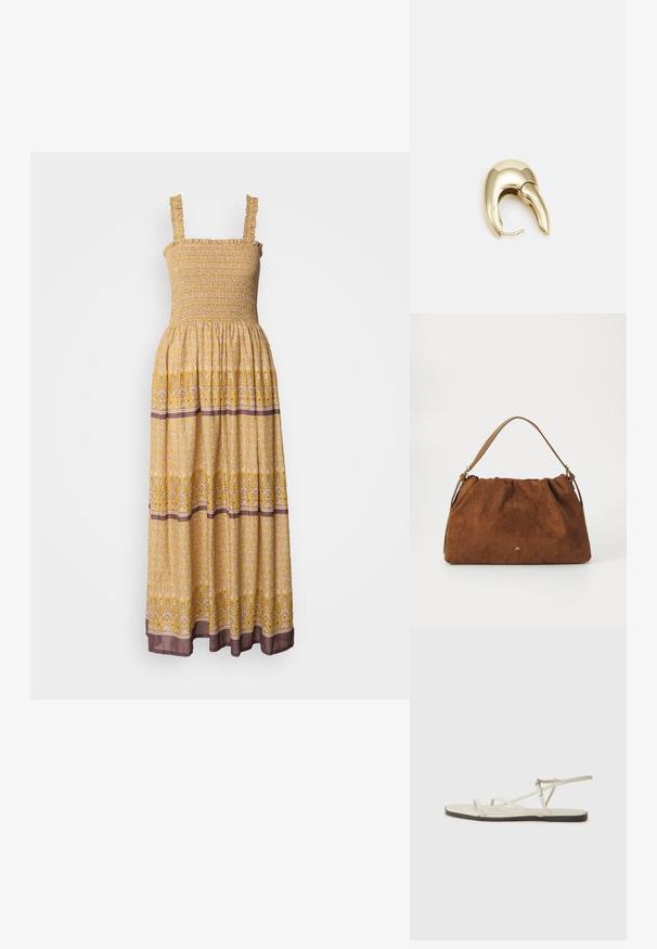 Gul, blomsterprydd maxi-kjole med smock-bh, volanger på skuldrene og kontrasterende brun kant nederst. Lett, luftig stoff.; Beige flate sandal med flere slanke stropper og en justerbar spenne. Sålen er flat med en svak mørk kontrast langs kanten.; Brun semsket håndveske med en samlet design, som har en enkelt tan lærrem og en subtil gull logo detalj på forsiden.; Gullfarget metalløredobber med et elegant, buet design. Har en karakteristisk spiss form, polert overflate og hengsel-lukking.