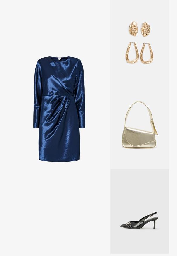 Tamsiai mėlyna suknelė iš blizgaus, lengvo audinio. Turi ilgomis rankovėmis, suvynioto stiliaus dizainą ir surinktą detalę juosmens srityje.; Juodas lakuotas odinis batelis su smailiu pirštu, kulkšnies dirželiais su sidabrinėmis sagtimis ir detalėmis, bei plonu kulnu.; Aukso metalinės rankinės su struktūrizuotu dizainu, lygaus paviršiaus ir reguliuojama dirželiu. Pasižymi unikaliu trikampiu pavidalu ir minimalizmu siuvinėjime.; Auksinės auskarai, turintys tekstūruotus, bangų formos elementus. Įeina skulptūriniai segami auskarai ir atviri lankai su išmuštu paviršiumi.