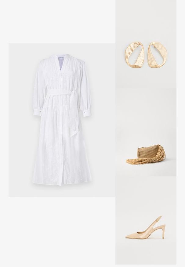 Marella SETOLA - Nappali ruha - bianco ottico; Meztelen lakkbőr pántos magassarkú, hegyes orral, nyitott elejű és vékony tűs sarkú. A pánton egy kör alakú arany dísz található.; Cult Gaia VIERA - Alkalmi kézitáska - natural; Egy pár szabálytalan, ovális formájú, aranyszínű fém fülbevaló, enyhén kalapált felülettel, fehér háttéren.