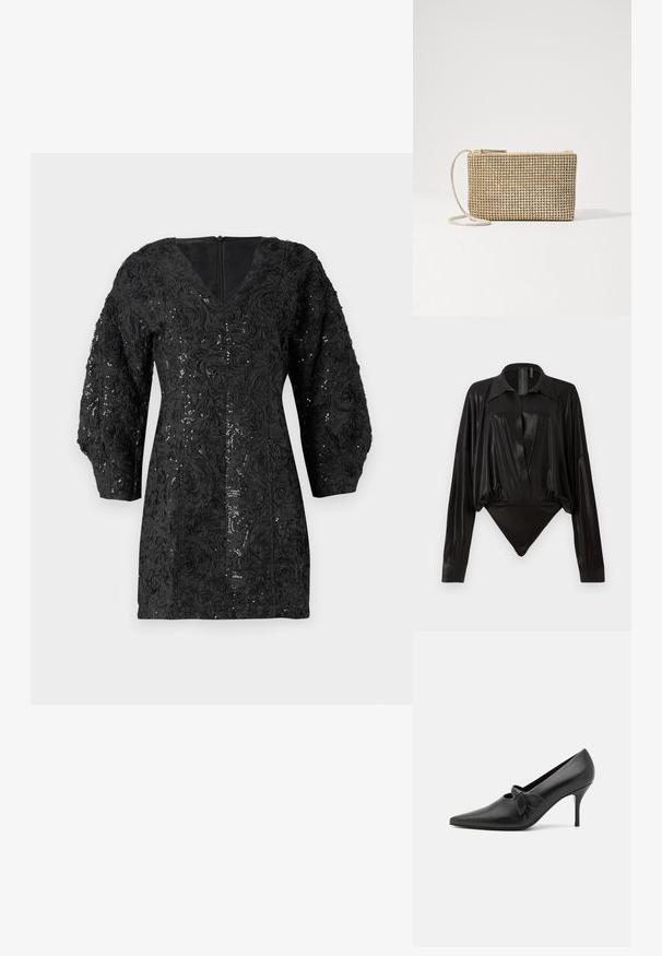 Sort kjole med V-hals, lange puffede ærmer og tekstureret blomsterdesign. Har perler og en lynlås bagpå.; Sort bodysuit med lange ærmer, V-hals og en tætsiddende silhuet. Fremstillet af skinnende, glat stof med en struktureret krave og manchetter.; GIABORGHINI ARTEMIS - Pumps - black; Loeffler Randall YASMINE FLAT CLUTCH - Skuldertasker - gold