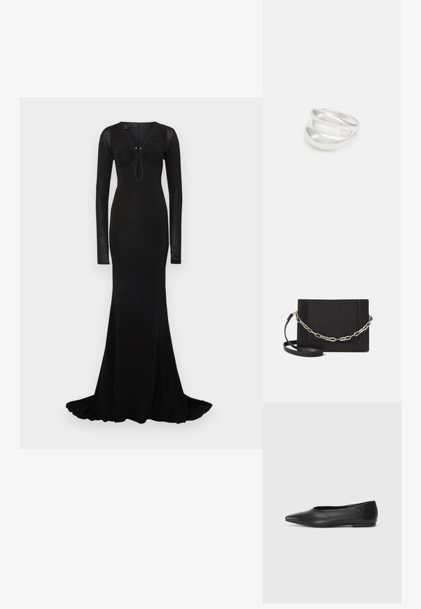 Pinko CANAPIGLIA ABITO - Koktailové šaty/večierkové šaty - black; Čierne kožené baletky, špicatý špička, minimalistický dizajn, hladká textúra, nízky podpätok, bez viditeľných prvkov alebo ozdôb.; Čierna kožená crossbody taška s hladkou textúrou, obdĺžnikovým tvarom a kovovým reťazovým detailom na prednej strane. Súčasťou je nastaviteľný popruh.; Strieborný prsteň s dvojitým pásikom s hladkým, lesklým povrchom. Má plynulý, zakrivený dizajn s prekryvajúcimi sa časťami pre moderný vzhľad.