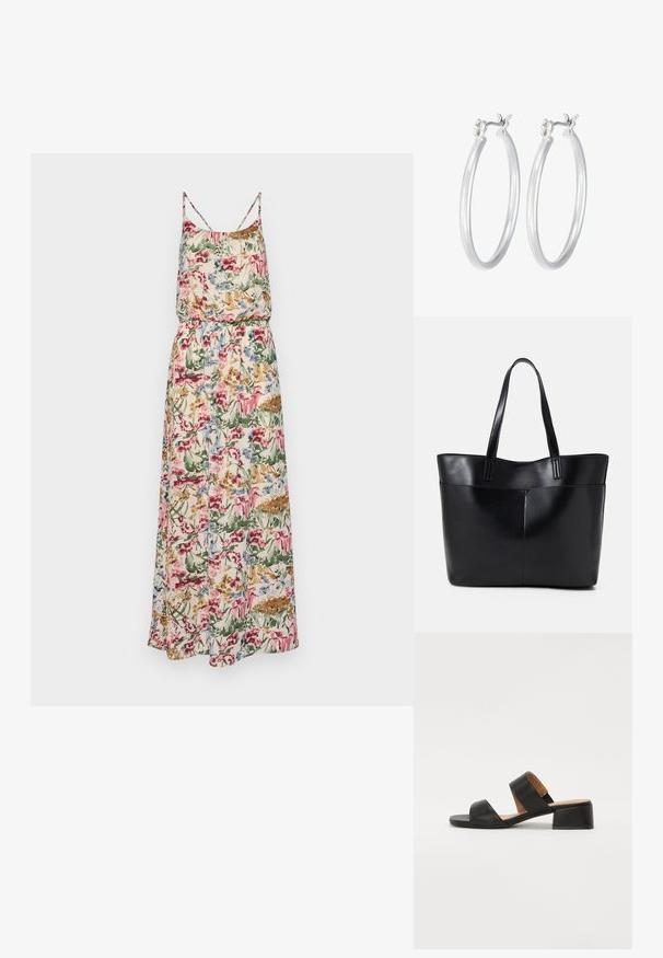 Blumiges Maxikleid mit Spaghetti-Trägern; verfügt über eine geraffte Taille und lebhafte Muster in pink, blau, grün und beige auf leichtem Stoff.; Schwarze Ledersandale mit zwei breiten Riemen über dem Fuß, einer quadratischen Zehenpartie und einem niedrigen Blockabsatz. Glatte Textur und minimalistisches Design.; Schwarze Leder-Shopper-Tasche mit zwei langen Griffen, einer glatten Textur und einer strukturierten Form. Verfügt über eine Vordertasche für zusätzlichen Stauraum.; Silberne Creolen mit einer glatten, polierten Oberfläche. Runder Form und sicherem Klickverschluss. Leichtes Design, geeignet für den täglichen Gebrauch.