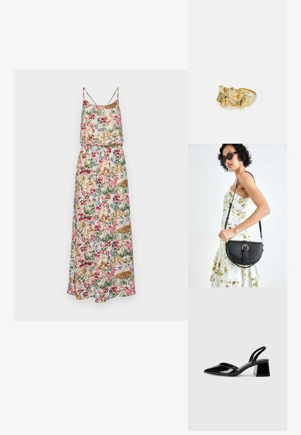 Blomster maxi kjole med spaghetti stropper; har en draperet talje, livlige pink, blå, grønne og beige mønstre på letvægtsstof.; Sorte patentlæder slingback hæle med spids tå og en geometrisk blok hæl. Har et elegant, minimalistisk design og en glat tekstur.; Sort læderhåndtaske med en buet form, aftagelig rem og guldfinish. Tasken har en klap med en spænde detalje.; Guldring med tekstureret, bølget design, der har tre fremtrædende toppe. Glat, skinnende overflade med en åben ring, der gør den justerbar.
