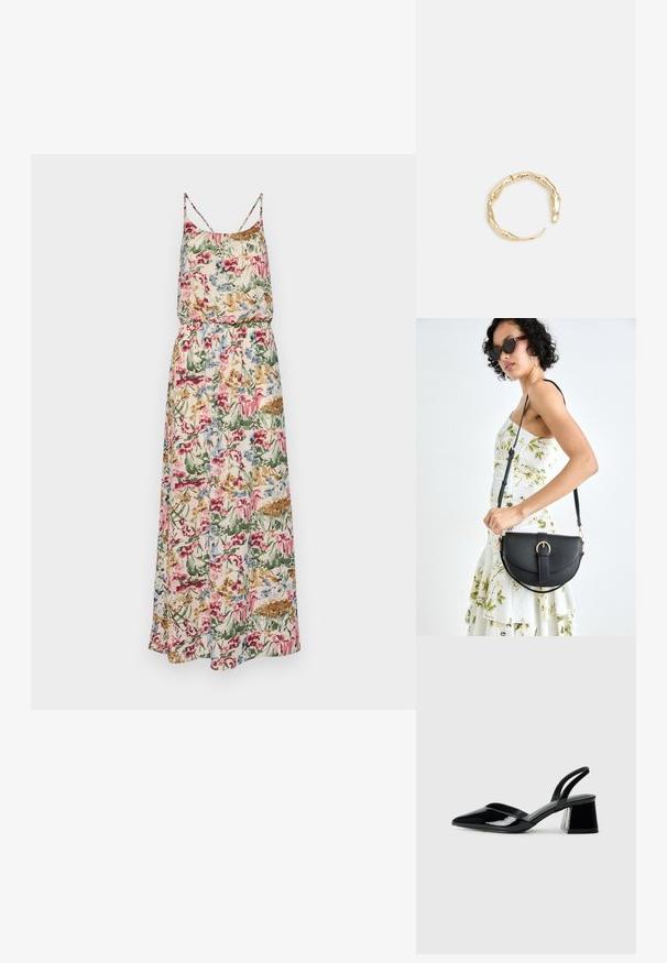 Blumiges Maxikleid mit Spaghetti-Trägern; verfügt über eine geraffte Taille und lebhafte Muster in pink, blau, grün und beige auf leichtem Stoff.; Schwarze Lackleder-Slingback-High Heels mit spitzem Schuh und einem geometrischen Blockabsatz. Verfügt über ein schlankes, minimalistisches Design und eine glatte Textur.; Schwarze Lederhandtasche mit geschwungener Form, abnehmbarem Tragegurt und goldenen Beschlägen. Die Tasche verfügt über einen Deckel mit einer Schnallen-Details.; Goldfarbener Ring mit einem organischen, gedrehten Design, glatter Oberfläche und sich verjüngenden Enden, was ein modernes, skulpturales Erscheinungsbild erzeugt.