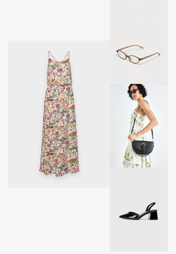 Blommig maxiklänning med spaghetti-band; har en samlad midja, livfulla mönster i rosa, blått, grönt och beige på lättviktsmaterial.; Svarta lackläder slingback klackar med spetsig tå och geometrisk klack. Har en elegant, minimalistisk design och slät yta.; Bruna sköldpaddsformade glasögon med ovala linser, tunna skalmar och transparanta detaljer. Innehåller en diskret logotyp på bågen. Snygg, lätt design.; Svart läderhandväska med en böjd form, avtagbar rem och guldiga detaljer. Väskan har ett lock med en spänndetalj.