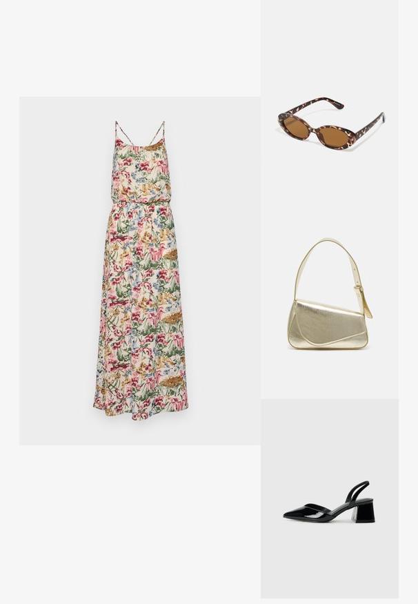 Bloemenmaxi-jurk met spaghettibandjes; heeft een Gathering taille, levendige roze, blauwe, groene en beige patronen op lichte stof.; Zwarte gepatineerde leren slingback hakken met een spitse neus en een geometrische blokhak. Kenmerkt zich door een slank, minimalistisch ontwerp en een gladde textuur.; Schildpadvormige zonnebril met ovale lenzen, bruin getint, dunne armen met een gestructureerd patroon, lichtgewicht kunststof frame.; Gouden metallic handtas met een gestructureerd ontwerp, gladde textuur en verstelbare schouderband. Kenmerkt zich door een unieke driehoekige vorm en minimalistische stiksels.