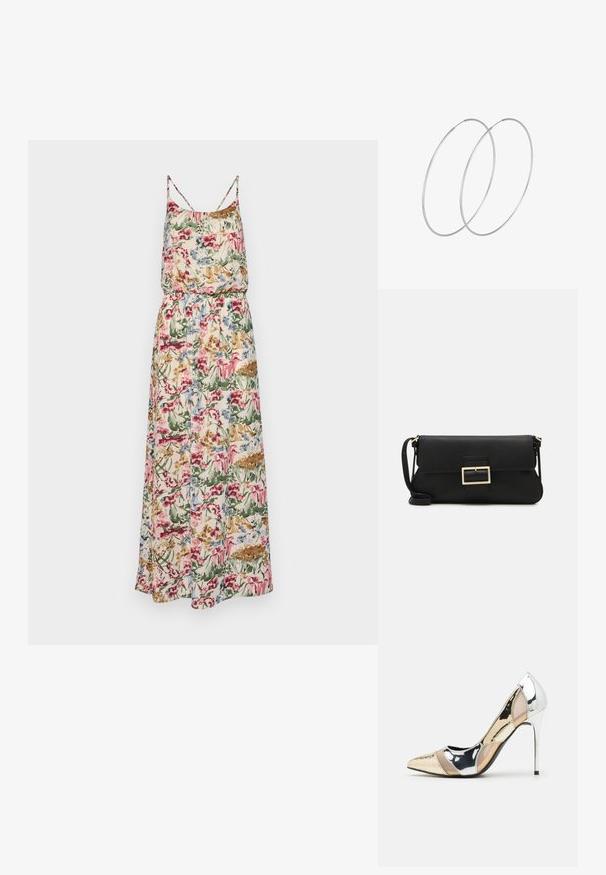 Bloemenmaxi-jurk met spaghettibandjes; heeft een Gathering taille, levendige roze, blauwe, groene en beige patronen op lichte stof.; Puntige hoge hak schoenen met een zilver, goud en nude kleurenschema. Glanzende afwerking met uitsnijdingen en een stiletto hak.; Zwarte leren clutch met een klep en een gouden metalen sluiting. Inclusief een zwarte schouderband en een slank, minimalistisch ontwerp.; Zilveren hoepel oorbellen met een minimalistisch ontwerp. Cirkelvormig, gladde textuur en dun profiel. Lichtgewicht met een gepolijste afwerking.