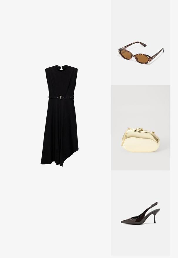 Rochie neagră fără mâneci, cu gât înalt, talie evidențiată cu un cordon, hem asimetric și material neted; prezintă o mică decupare în formă de lacăt la spate.; Pantof cu toc înalt Slingback din piele sintetică lucioasă de culoare maro închis, vârf ascuțit, laterale deschise și curea ajustabilă la glezne.; Ochelari de soare cu mâneri tortoise, cu lentile ovale, cu nuanță maro, brațe subțiri ce au un model texturat, cadru din plastic ușor.; Clutch metalizat de culoare aurie, cu o formă netedă și rotundă, având un închizător tip buton în partea de sus și o curea mică pentru purtare.
