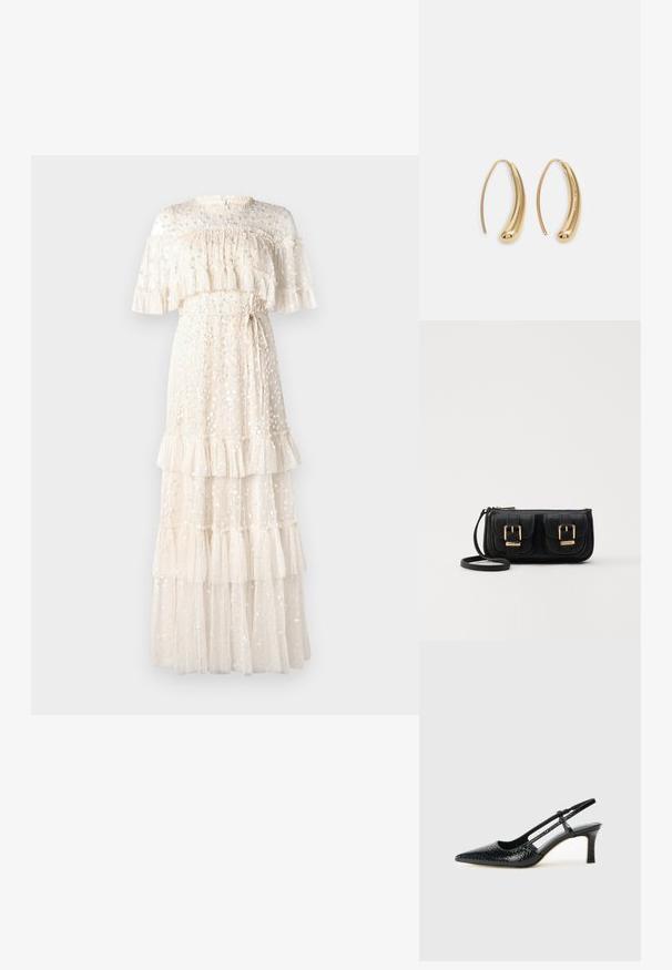 Kreemist maksi kleidist, mis on valmistatud läbipaistvast kangast, on tiered volangid, lillede kaunistused ja sidumisvöö, kõrge kaelus ja lühikesed varrukad.; Mustmust paelad, millel on terav varvas, tekstuuriga maduprindiga, reguleeritav rihm ja lühike tekstuuriga plokknina.; Must küllastamata nahast õlakott, millel on kaks esist nähtavat taskut, kuldsed pandlad, tõmblukuga sulgemine ja peen rihm. Tekstuuriga pind ja kompaktne ristkülikukujuline kuju.; Kuldtoonilised metallist rõngas kõrvarõngad, millel on kõver ja piklik kuju. Omavad siledat, läikivat pinda ja ümarat tipptugevdust, mis lisab detaili.