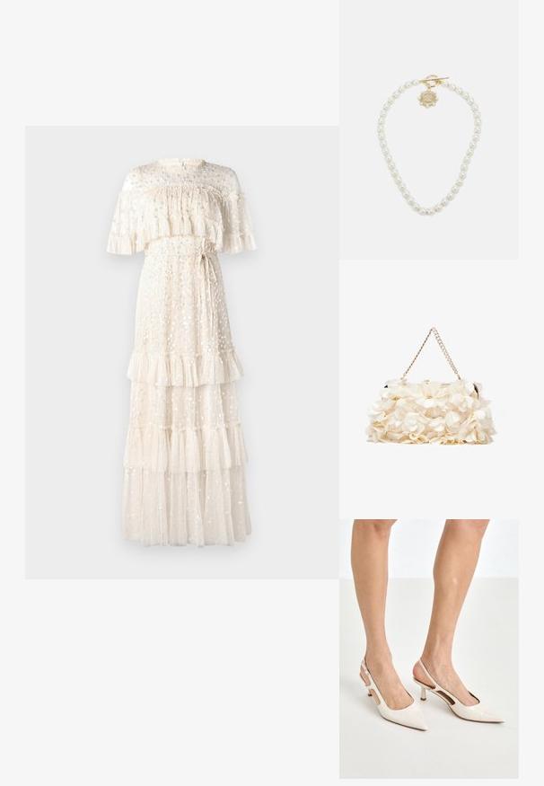 Kreemimaksi kleit poolläbipaistvast kangast, millel on kihilised volangid, lillede kaunistused ja seotav vöökoht, kõrge kaelus ja lühikesed varrukad.; Beige patenttaja nahkaslingback-korkokengät, joissa on teräväkärkinen muotoilu ja 5 cm:n korko. Kenkäparissa on leikattuja reunoja ja ohut nilkkaremmi.; Valkoinen kukallinen käsilaukku, jossa on kerroksellinen kangaspinta, kultasävyinen ketjuhihna ja metallikahva. Sisältää teksturoituja terälehtiä lisäyksinä.; Lauren Ralph Lauren COLLAR - Kaulakoru - gold-coloured/white