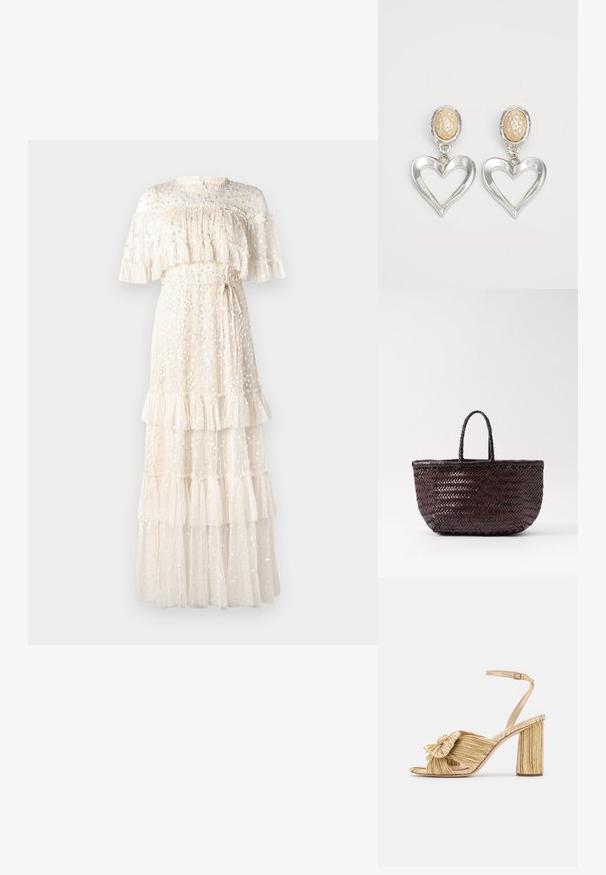 Rochie maxi crem dintr-un material transparent, cu volane suprapuse, embellishmente florale și un cordon la talie, având un guler înalt și mâneci scurte.; Sandale cu toc auriu, cu un front legat, textură plisată și curea la gleznă. Tocul bloc are un design cu nervuri, care îmbunătățește aderența.; DRAGON DIFFUSION BAMBOO TRIPLE JUMP SMALL - Geantă de mână - dark brown; Cercei argintii în formă de inimă cu un finisaj lucios. Fiecare are un stud oval texturat de culoare bej. Design elegant și ușor.