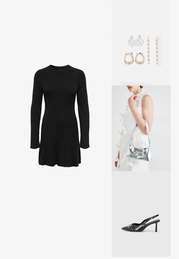 Black ribbed knit dress with long sleeves, crew neckline, and side slits at the hem. Fabric texture is soft and elastic.; Black patent leather slingback shoe with pointed toe, ankle straps featuring silver buckles and hardware, and a slender heel.; Silver metallic handbag with a structured shape, featuring a top handle and bow detail on the front. Smooth texture, reflective finish.; Three pairs of earrings: large white pearl studs, gold hoops with clear gemstones, and two long, straight gold accent earrings with sparkly details.
