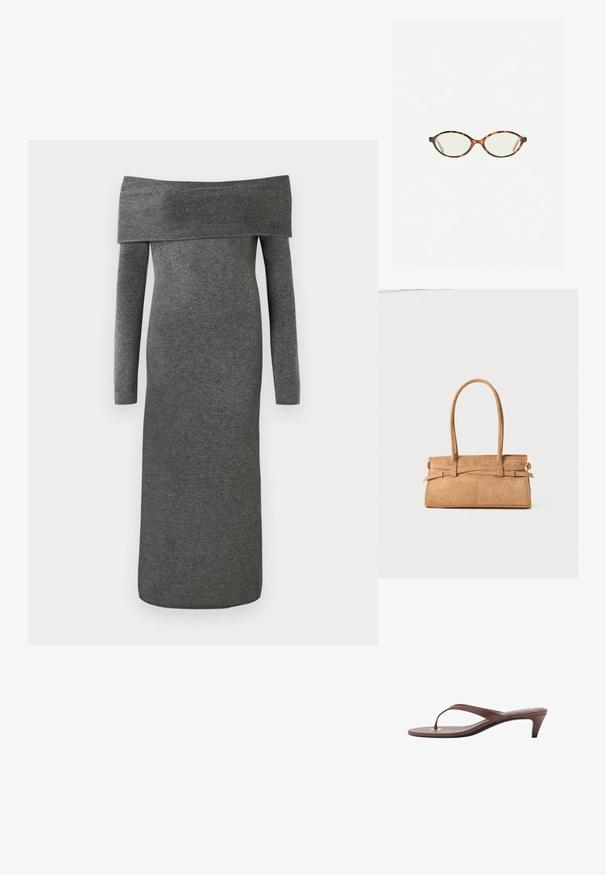 Abito a spalla scoperta con maniche lunghe in un morbido tessuto grigio scuro. Design aderente, lungo fino al pavimento, con texture liscia e senza chiusure visibili.; Infradito con tacco marroni, dotati di una fascia sottile e un puntale arrotondato, con un piccolo dettaglio dorato sulla soletta.; Occhiali in tartaruga con lenti ovali e una finitura liscia e elegante. Presentano aste sottili con una leggera curva alle tempie. Lenti trasparenti.; Borsa in suede tan con due manici lunghi, forma rettangolare e cuciture decorative. Presenta una tracolla laterale e sottili dettagli in oro.