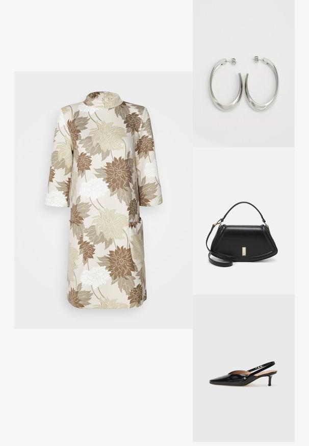 Un abito a fantasia floreale con scollatura alta, maniche a tre quarti e due tasche. I colori includono tonalità di crema, beige, marrone e verde.; Décolleté slingback in vernice nera con punta affilata, tacco basso e design con aperture sul vamp. Accento in hardware color oro sul lato.; Borsa a mano in pelle nera con un design strutturato, caratterizzata da una forma corta, manico superiore e accessori in metallo dorato. Inclusa tracolla regolabile.; Orecchini a cerchio argentati con un design liscio e curvo. Presentano una finitura metallica lucida e una chiusura a perno. Nessun motivo o accentuazione visibile.