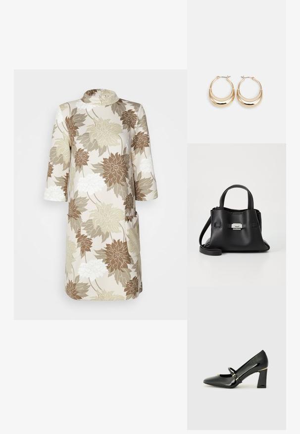 A floral-print dress featuring a high neckline, three-quarter sleeves, and two pockets. Colors include cream, beige, brown, and green tones.; Black patent leather high heel shoe with a pointed toe, ankle strap, and gold accent at the heel. Square block heel design.; Black leather handbag with a textured finish, featuring two top handles, a detachable shoulder strap, and a silver clasp detail.; Gold-toned hoop earrings with a crescent shape, polished surface, and hinge closure. Smooth texture and reflective finish enhance visibility.