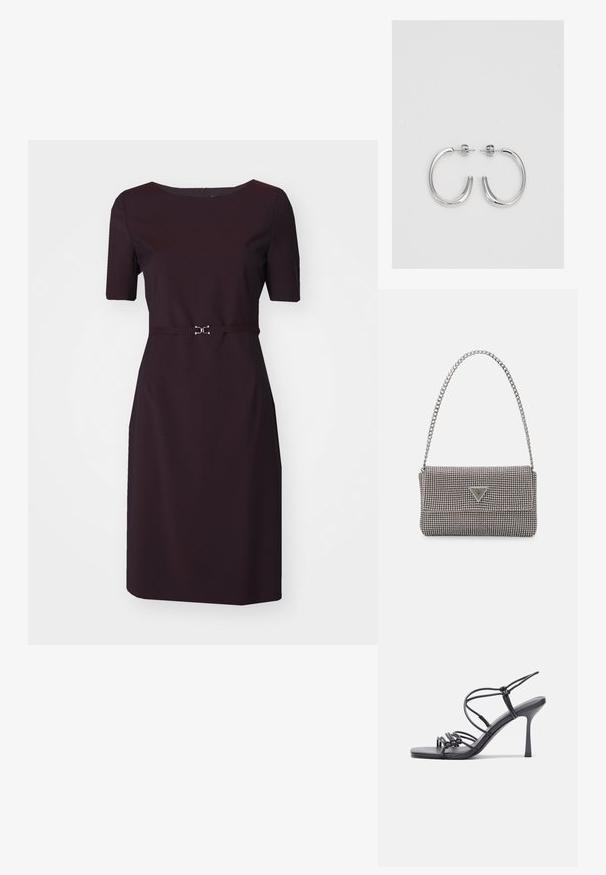 BOSS DALEAH - Rochie tip creion - open red; Sandale negre cu toc înalt au curele subțiri cu un design legat, un vârf pătrat neted și un toc stiletto elegant.; Geantă metalică gri deschis, cu un strap din lanț, decorată cu mici ținte circulare metalice și un logo de marcă triangular.; Cercei rotunzi din argint cu un finisaj neted și strălucitor. Design ușor, având o formă rotundă și închidere cu tijă.