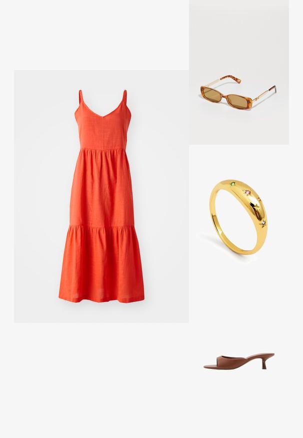 Robe en lin rouge avec des bretelles spaghetti ajustables, un décolleté en V et un ourlet froncé en étages. Caractéristiques d'une finition texturée et d'une silhouette en A.; Mules à talons ouverts marron avec une finition lisse et mate, présentant un design incurvé et un talon transparent et effilé.; Lunettes de soleil écaille de tortue marron avec des montures rectangulaires, des branches en métal doré et des verres marron clair. Design élégant, sans logos visibles.; Bague dorée avec un anneau lisse et arrondi, ornée de cinq étoiles, chacune sertie de pierres précieuses colorées en rose, vert et bleu.