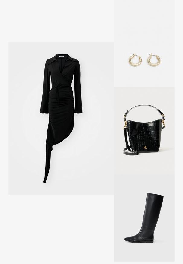 Czarna sukienka z długim rękawem o kroju kopertowym, marszczonym wykończeniu i asymetrycznym dołem. Zawiera kołnierzyk i wiązany detal w talii. Gładki materiał.; Czarne skórzane kozaki do kolan z wydłużonym noskiem i minimalistycznym designem. Gładka tekstura i płaska podeszwa, z dyskretnymi detalami w postaci bocznych szwów.; Czarna torba ze skóry z tłoczeniem w krokodylą skórę o zaokrąglonym kształcie, z akcentami ze złotego metalu, regulowanym paskiem oraz detalem logo z przodu.; Lauren Ralph Lauren BASIC SMALL HOOP - Kolczyki