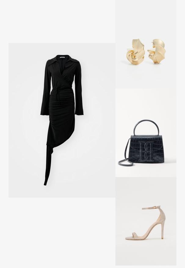 Mustal pikkade varrukatega kleit, millel on mähisev disain, rikuuditud tekstuur ja asümmeetriline ääre. Omab kaelust ja sidumise üksikasju vöökohal. Sile kangas.; Stiilipete kõrge kontsaga sandaal metallik roosi kuldse värviga, millel on tekstureeritud ülemine osa, avatud varvas ja pahkluu rihm, millel on kuldne klamber.; Must musta krokodillimustriga nahast käekott, millel on struktureeritud disain, ülemine käepide, reguleeritav rihm ja silmapaistev esiküljel logo detail.; Tekstuuriga kuldse tooni metallkõrvarõngad skulpturaalse, spiraalse kujundusega. Omavad siledat pinda ja valguse peegeldavaid kõverusi.