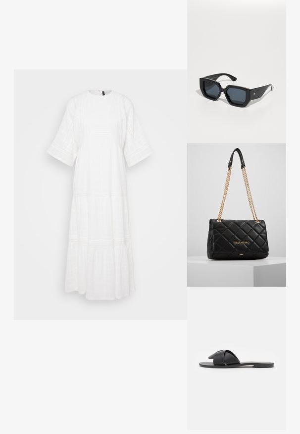 Fehér, bokáig érő ruha texturált anyagból. Rövid, széles ujjak és vízszintes varrás részletek jellemzik.; Fekete, keresztpántos, slip-on szandál. Simább bőrből készült, lapos talppal és minimális varrással. Egyszerű, nyitott orrú dizájn.; Fekete, oversized napszemüveg geometrikus mintával, téglalap alakú lencsékkel és fényes felülettel. Az elülső részén nincs látható márkajelzés.; Fekete steppelt bőrtáska arany lánc pánttal és logó részlettel. Téglalap alakú, sima textúrájú, fedélzáras kialakítással.
